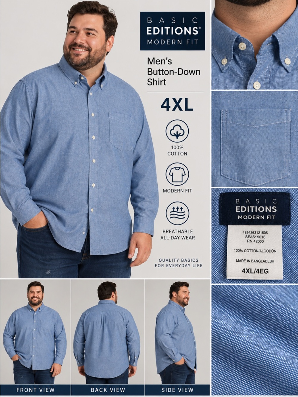 Basic Editions Men’s Chambray Light Blue Button-Down Shirt